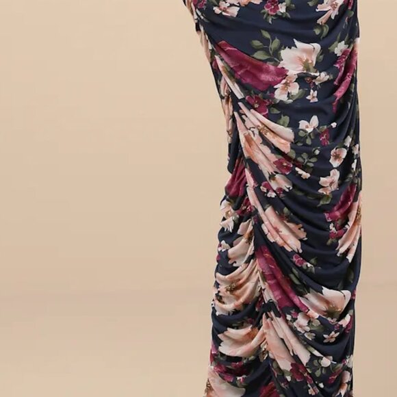 Lulus Averie Navy Floral Mesh Strapless Maxi Dress Blue - Size S - Picture 2 of 7